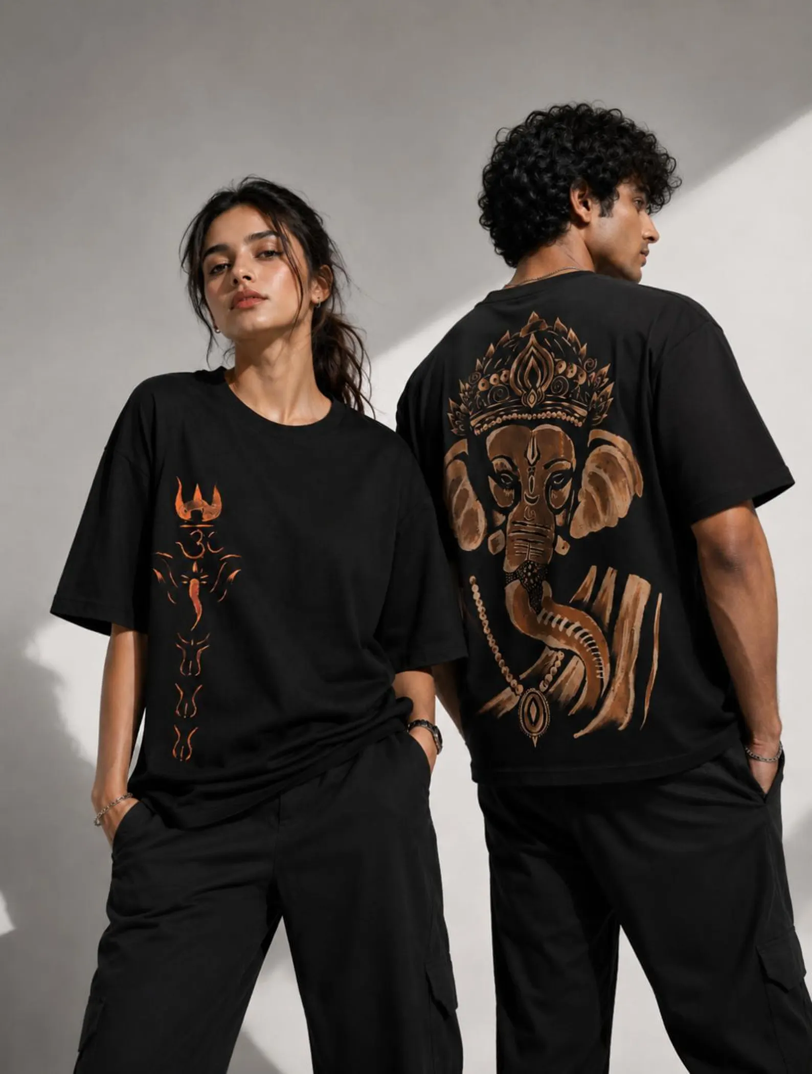 Oversized Unisex Black Tee | Hand Bleach Art T-Shirt | Lord Ganesha Graphic | Indian Spiritual Streetwear | Artistic Cotton Shirt